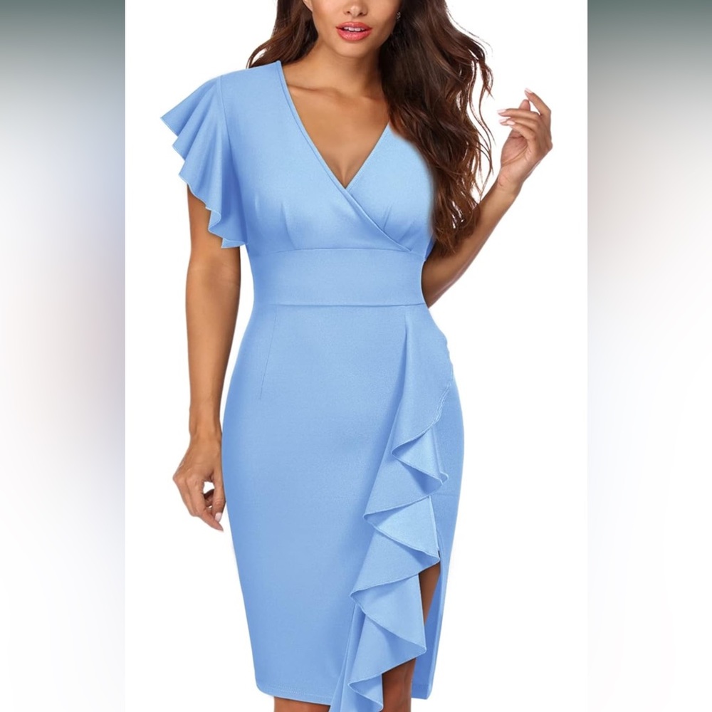 Deep-V Neck Ruffle Sleeves Cocktail Party Pencil Slit Formal Dress
